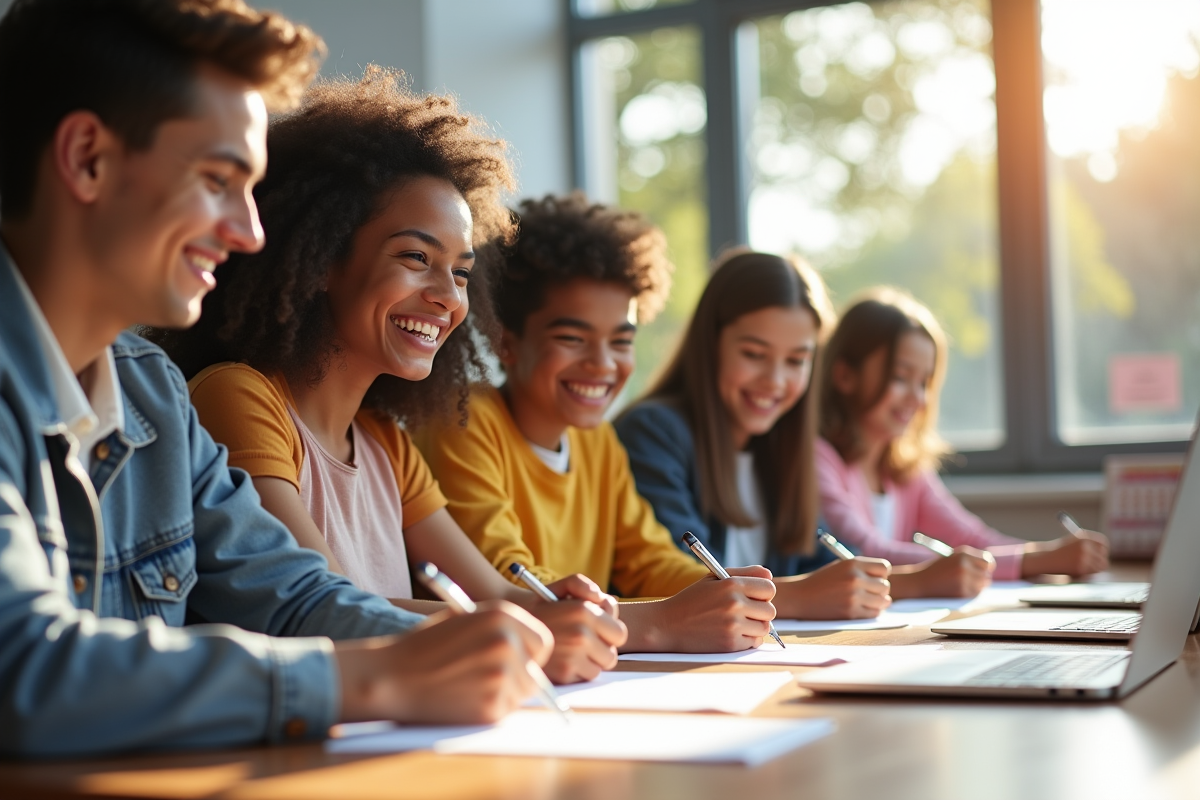 Groupe de jeunes inscrivant à l'école dans un bureau lumineux