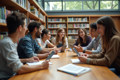 Groupe diversifié autour d'une table en bibliothèque