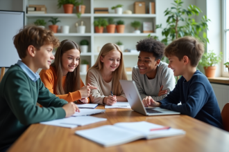 Groupe de lycéens en classe collaborative