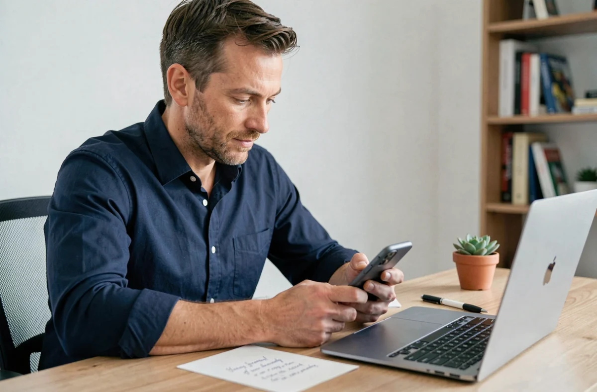 Homme de 40 ans écrivant un message d'anniversaire original sur son téléphone à son bureau
