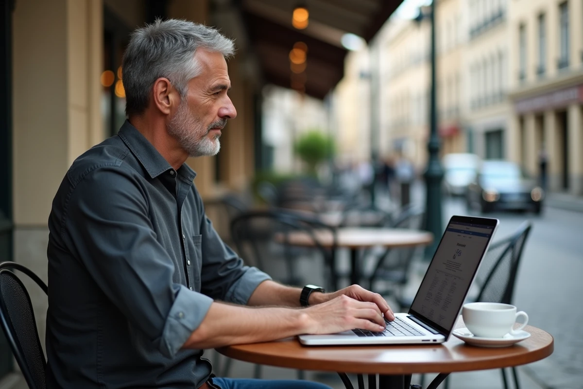 Homme d'affaires consultant le site Albrad albrad.com sur un ordinateur portable en terrasse de café parisien