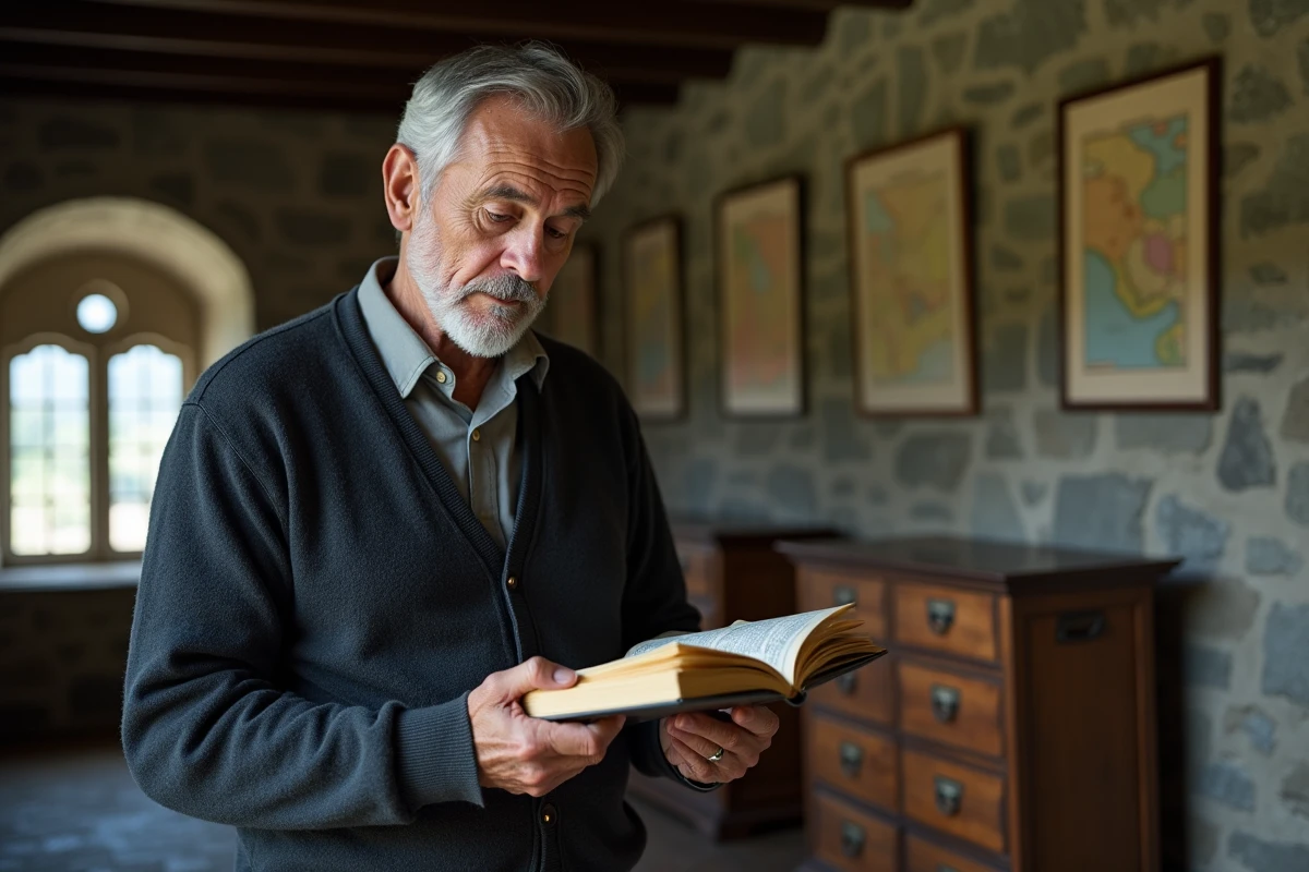 Vieil homme consultant un registre paroissial ancien dans une salle d'archives pour identifier une descendance Albrad