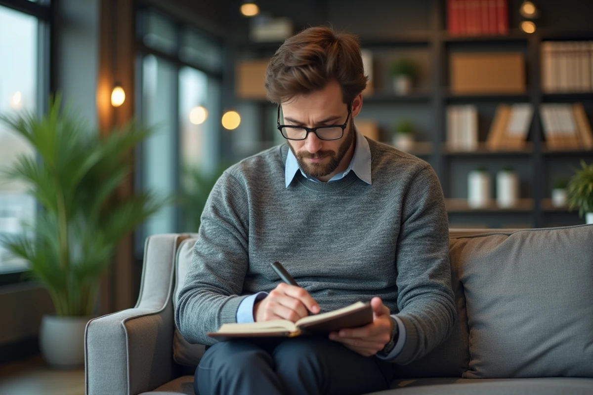 Homme confiant assis dans un lounge de bureau moderne