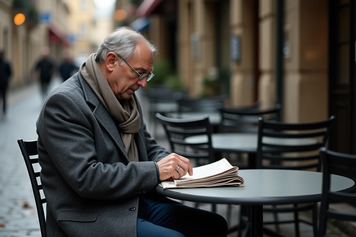 Homme seul assis dans un caf&eacute; parisien en hiver
