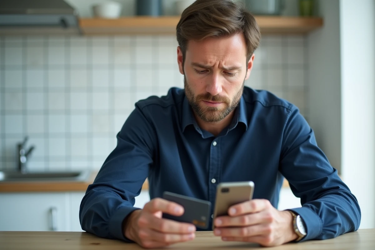 Homme consultant son téléphone avec sa carte bancaire après un paiement frauduleux sur MaFicheClasse