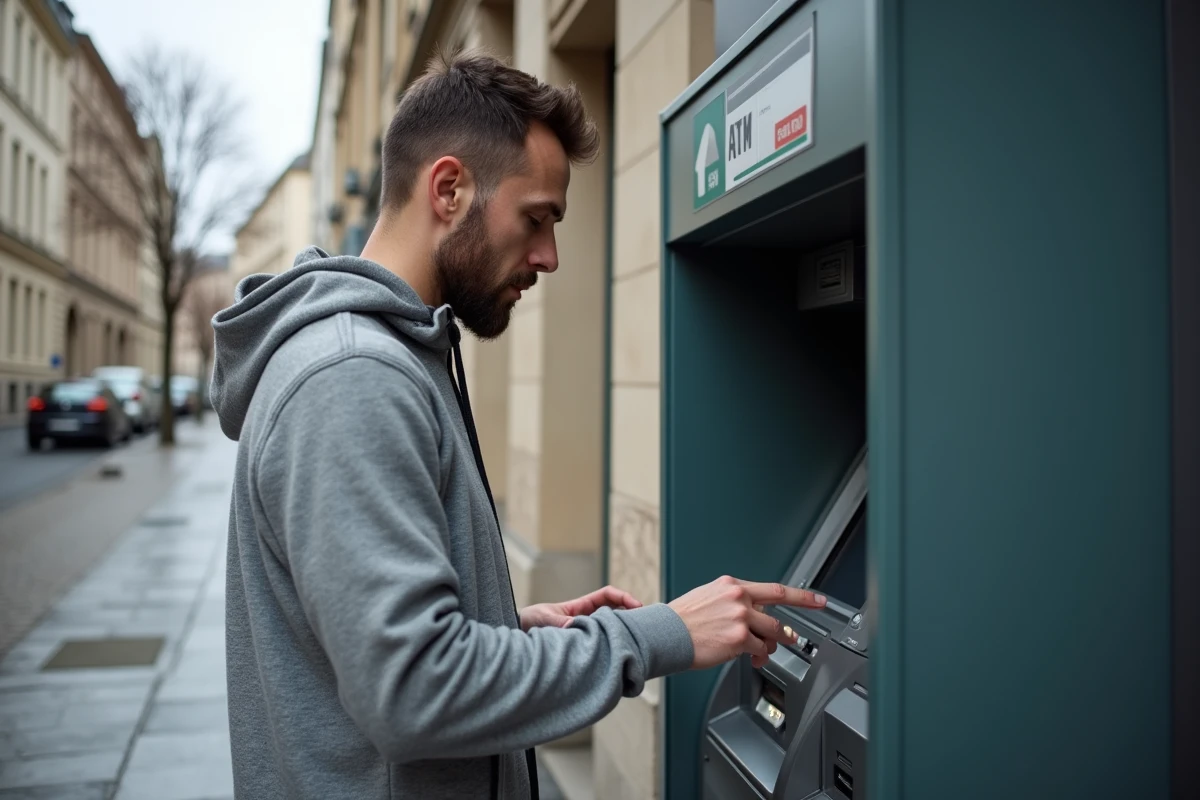 Homme vérifiant son solde bancaire à un distributeur automatique en attendant le versement du RSA