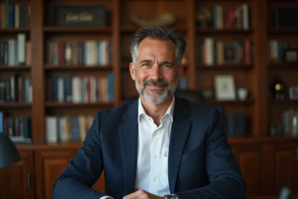 Portrait d'un homme élégant dans la quarantaine assis dans un bureau à domicile chaleureux, illustrant la vie privée et l'intimité d'une personnalité publique