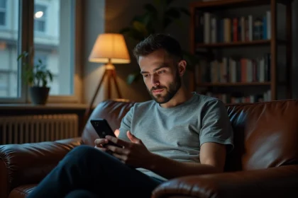 Homme distant regardant son téléphone sans répondre aux messages, attitude évitante sur un canapé en cuir