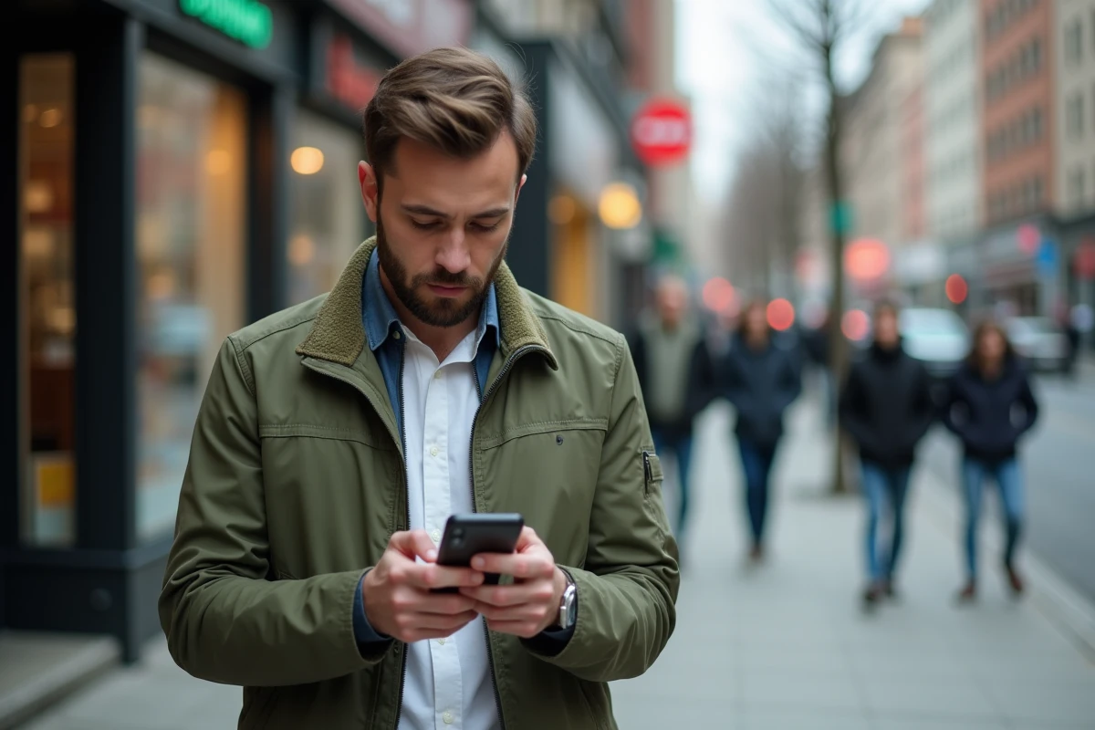 Homme en veste olive hésitant avant d'envoyer un SMS dans la rue, comportement évitant en communication