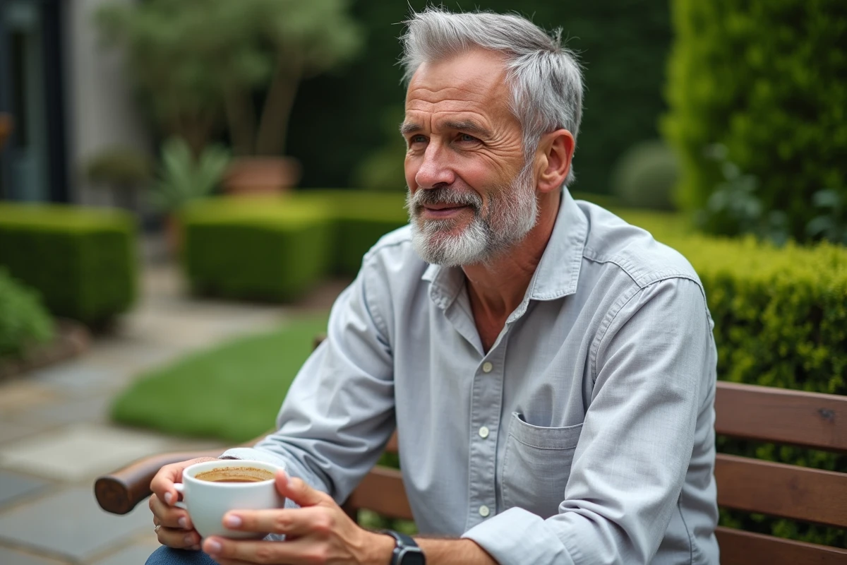 Homme détendu en chemise de lin assis dans un jardin privé tenant une tasse de café, illustrant un moment de vie quotidienne et d'intimité personnelle