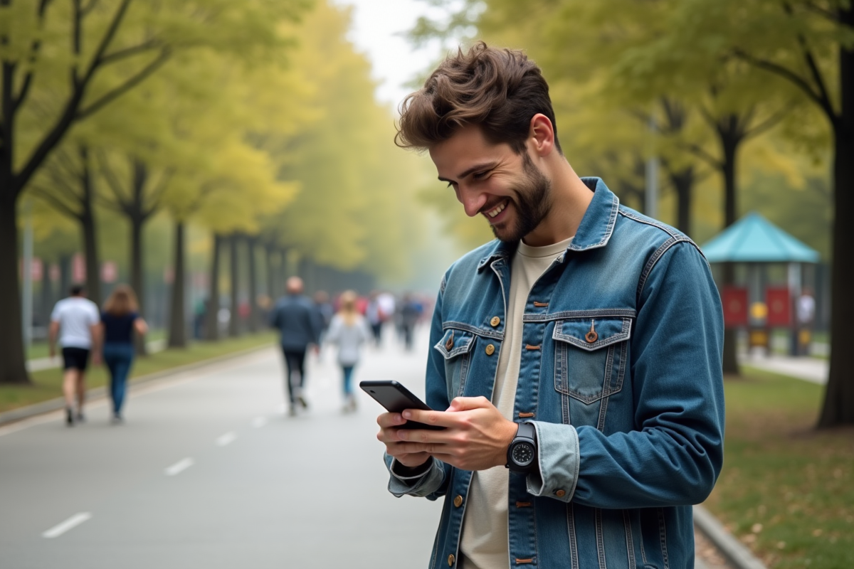 Homme souriant dans un parc urbain vérifiant son smartphone