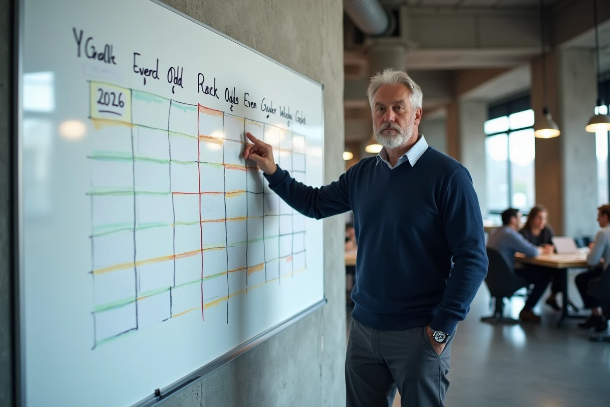 Homme présentant un planning annuel 2026 avec semaines paires et impaires sur tableau blanc en bureau moderne