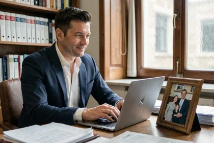 Homme politique assis à son bureau parlementaire avec une photo de famille posée à côté de son ordinateur, illustrant l'équilibre entre vie publique et vie privée
