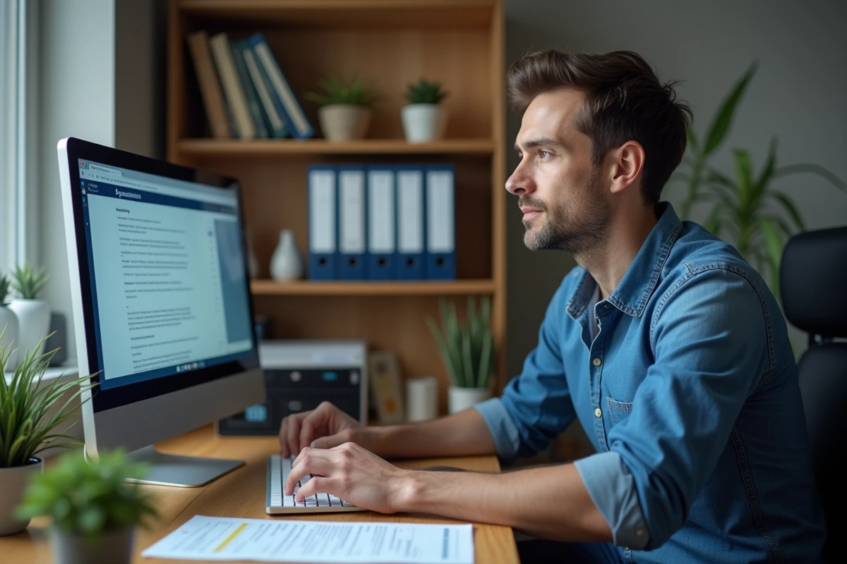 Homme consultant le portail Pajemploi en ligne depuis son bureau à domicile avec des documents administratifs imprimés