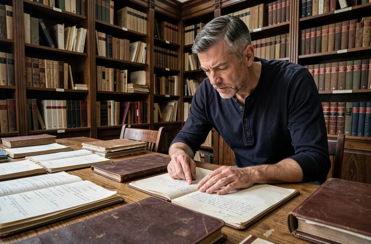 Un homme recherche des anciens noms de famille dans des registres d'archives publiques et des actes de naissance paroissiaux