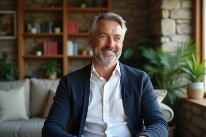 Homme en chemise blanche et cardigan dans un salon lumineux
