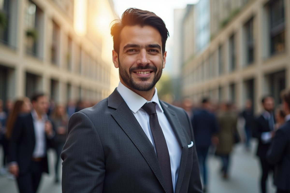 Homme en costume dans un cadre urbain moderne