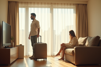 Homme avec valise dans un salon lumineux et moderne