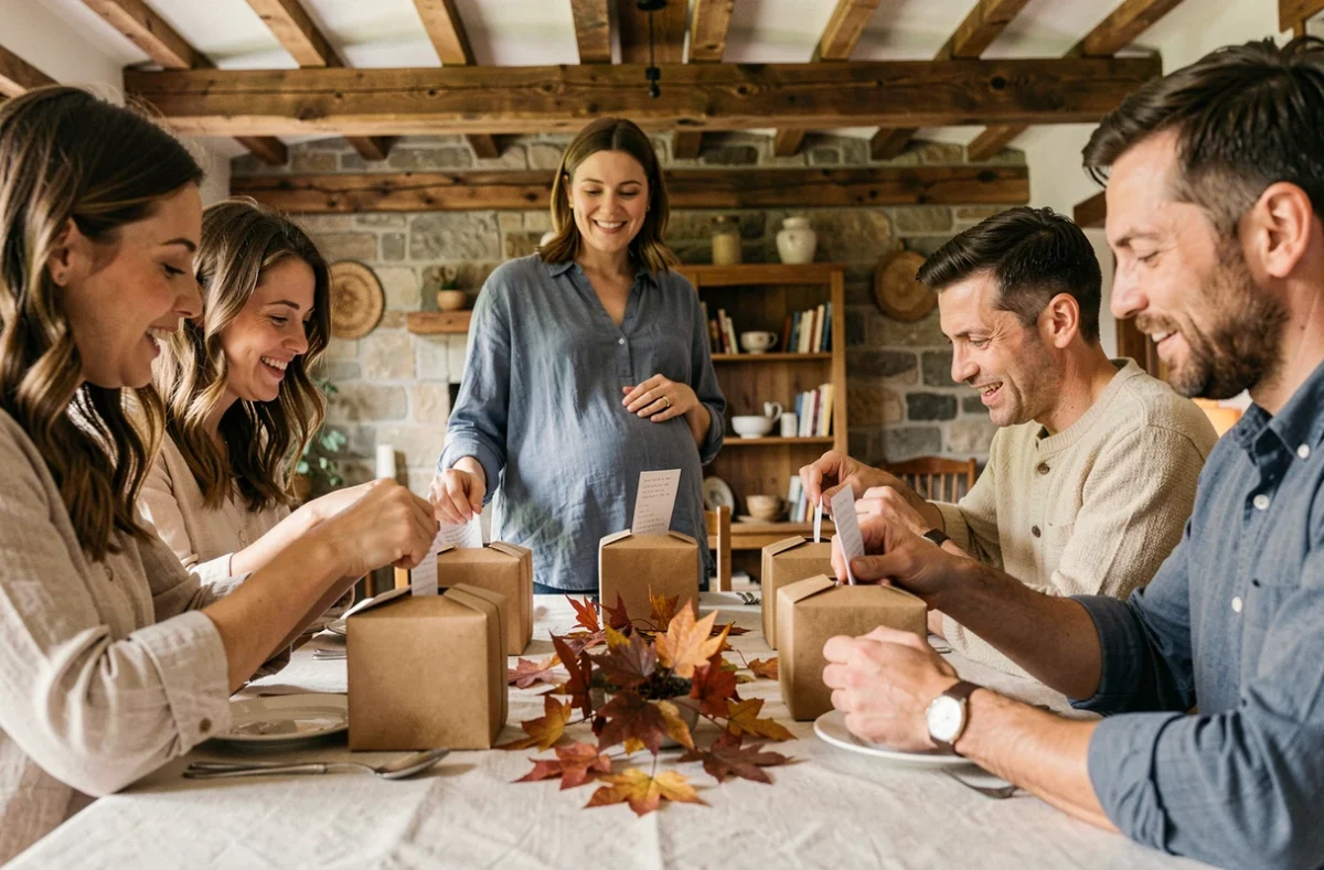 Femme enceinte souriante observant sa famille ouvrir des cadeaux-annonce de grossesse autour d'une table de repas dominical rustique