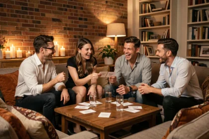 Groupe d'amis adultes jouant à un jeu de questions amusantes en soirée autour d'une table basse avec des cartes et des verres