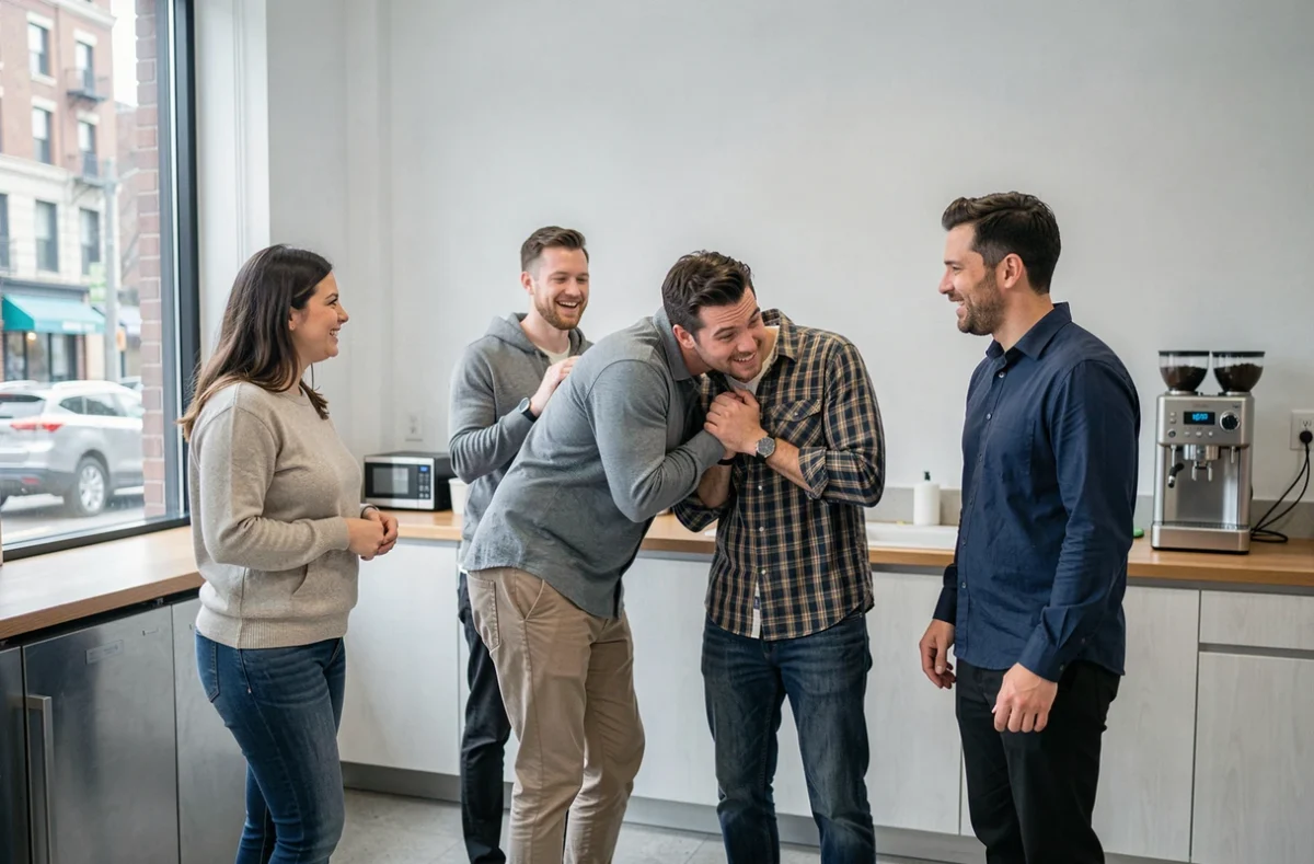 Groupe d'adultes en entreprise jouant au jeu touche touche pas avec une erreur de proximité physique visible