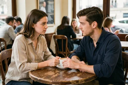 Deux jeunes adultes dans un café parisien en situation de malaise social, illustrant les erreurs du jeu touche touche pas