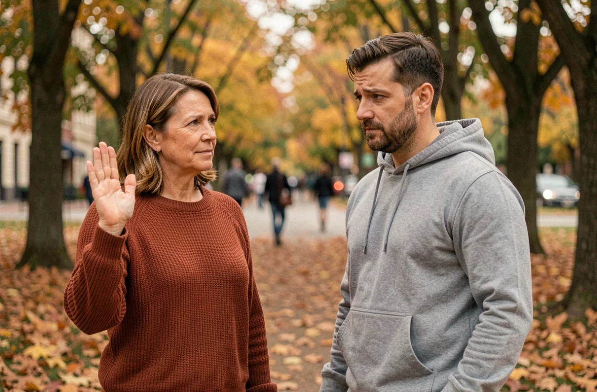 Femme signifiant une limite physique à un homme lors d'un jeu touche touche pas dans un parc en automne