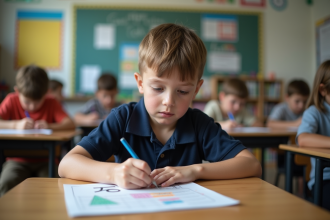 Jeune garçon concentré sur une fiche éducative en classe