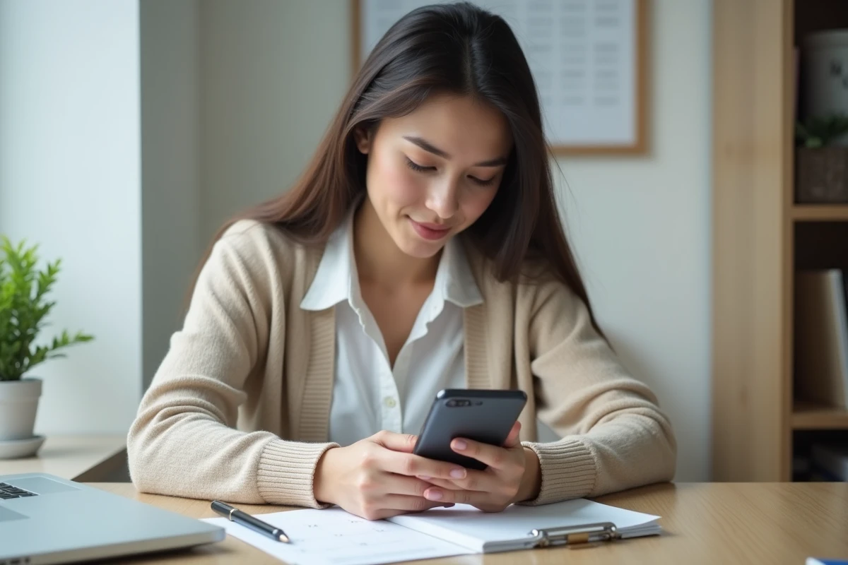 Jeune femme vérifiant son application bancaire sur smartphone pour suivre la date de versement du RSA 2026
