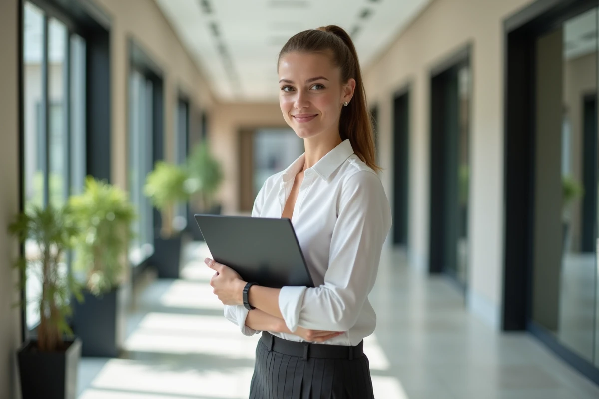 Jeune femme professionnelle souriante dans un bureau lumineux