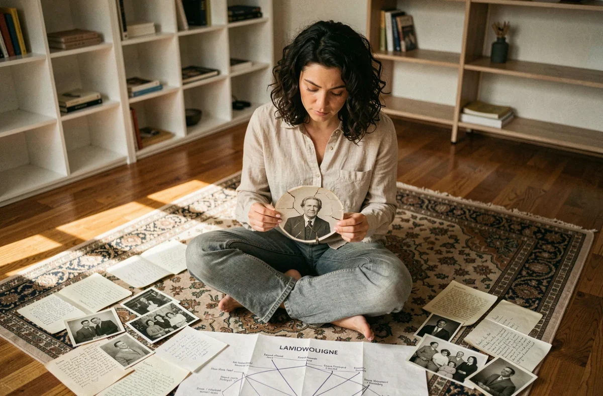 Une jeune femme redécouvre l'histoire cachée de sa famille en examinant de vieilles photographies et des lettres manuscrites ancestrales
