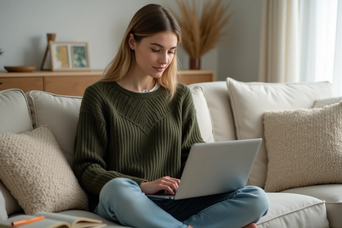 Jeune femme rédigeant un message de remerciement sincère sur son ordinateur portable chez elle