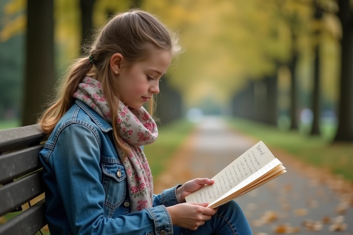 Adolescente lisant une lettre dans un parc en automne