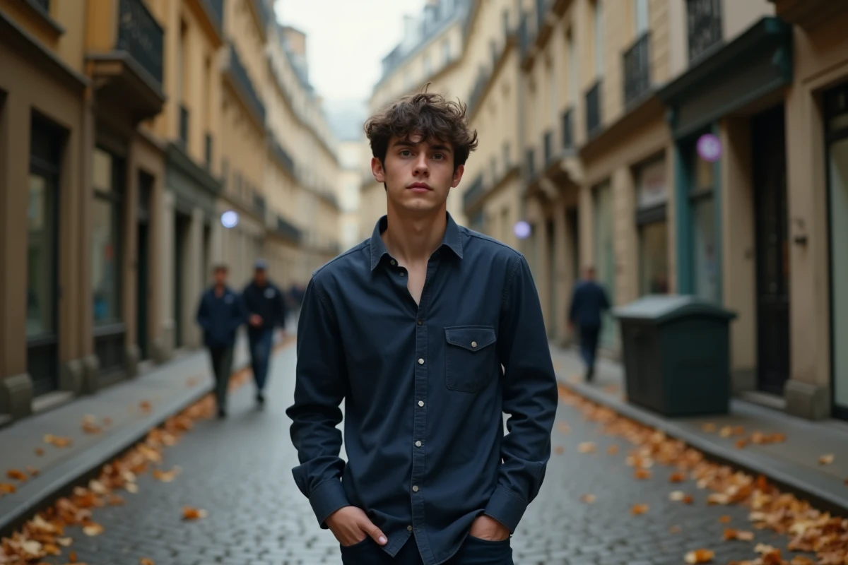 Jeune homme marchant seul dans une ruelle parisienne en automne, image symbolisant l'enfant discret d'une célébrité grandissant dans l'anonymat