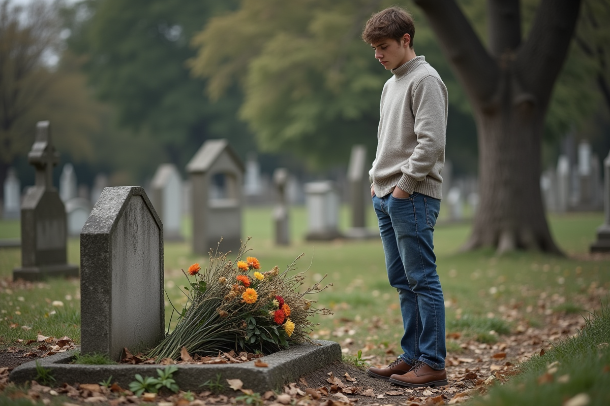 Jeune homme contemplant une tombe abandonnée dans un cimetière