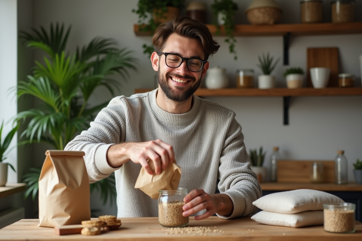 Jeune homme verse des lentilles dans un bocal en bois