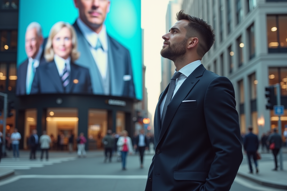 Jeune homme en costume regardant un panneau digital en ville