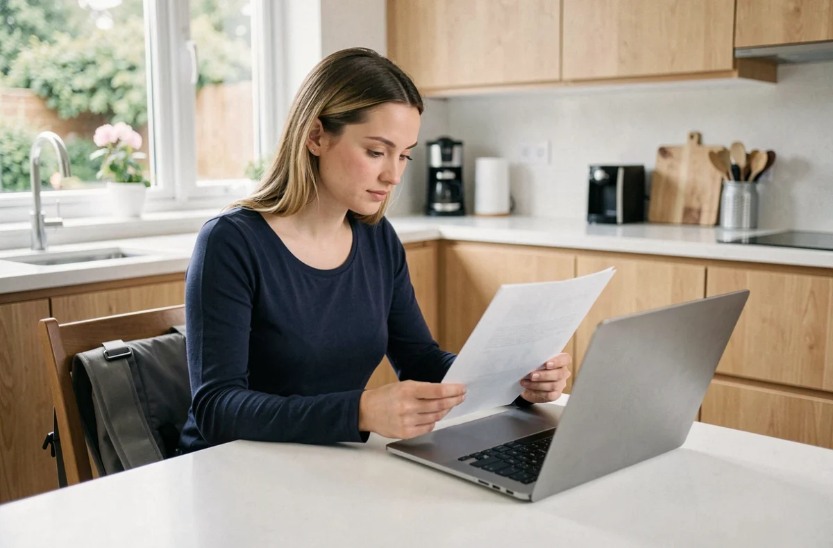 Jeune mère consultant des documents administratifs pour son congé parental à la maison