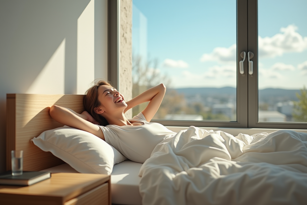Adolescent réveillé et étiré dans une chambre lumineuse