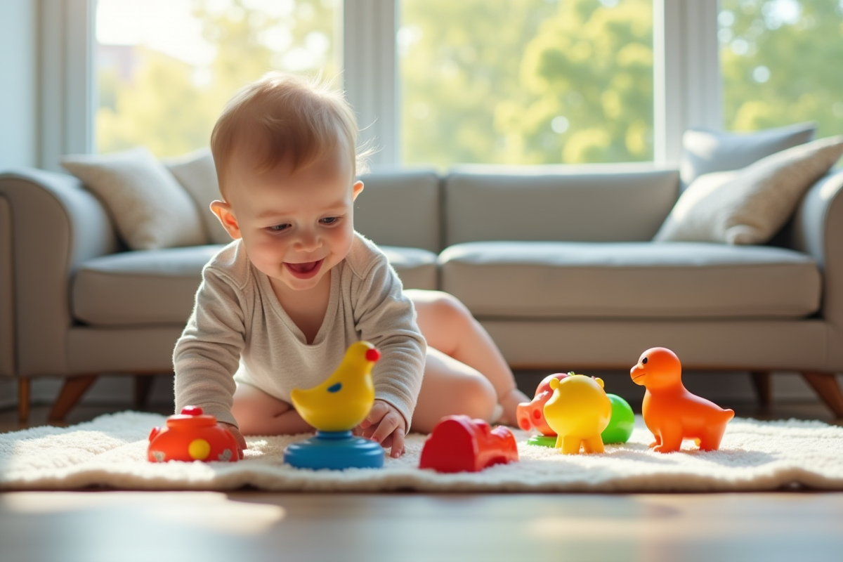 Bébé curieux de 12 mois jouant avec des jouets éducatifs colorés