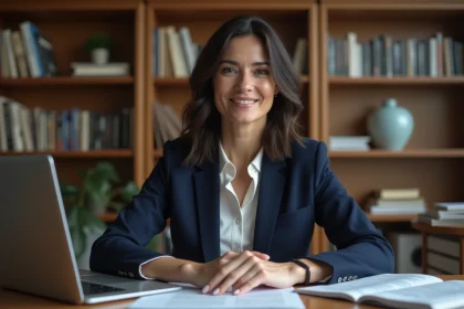 Journaliste française professionnelle assise à un bureau éditorial moderne, en blazer marine, posture confiante et regard calme