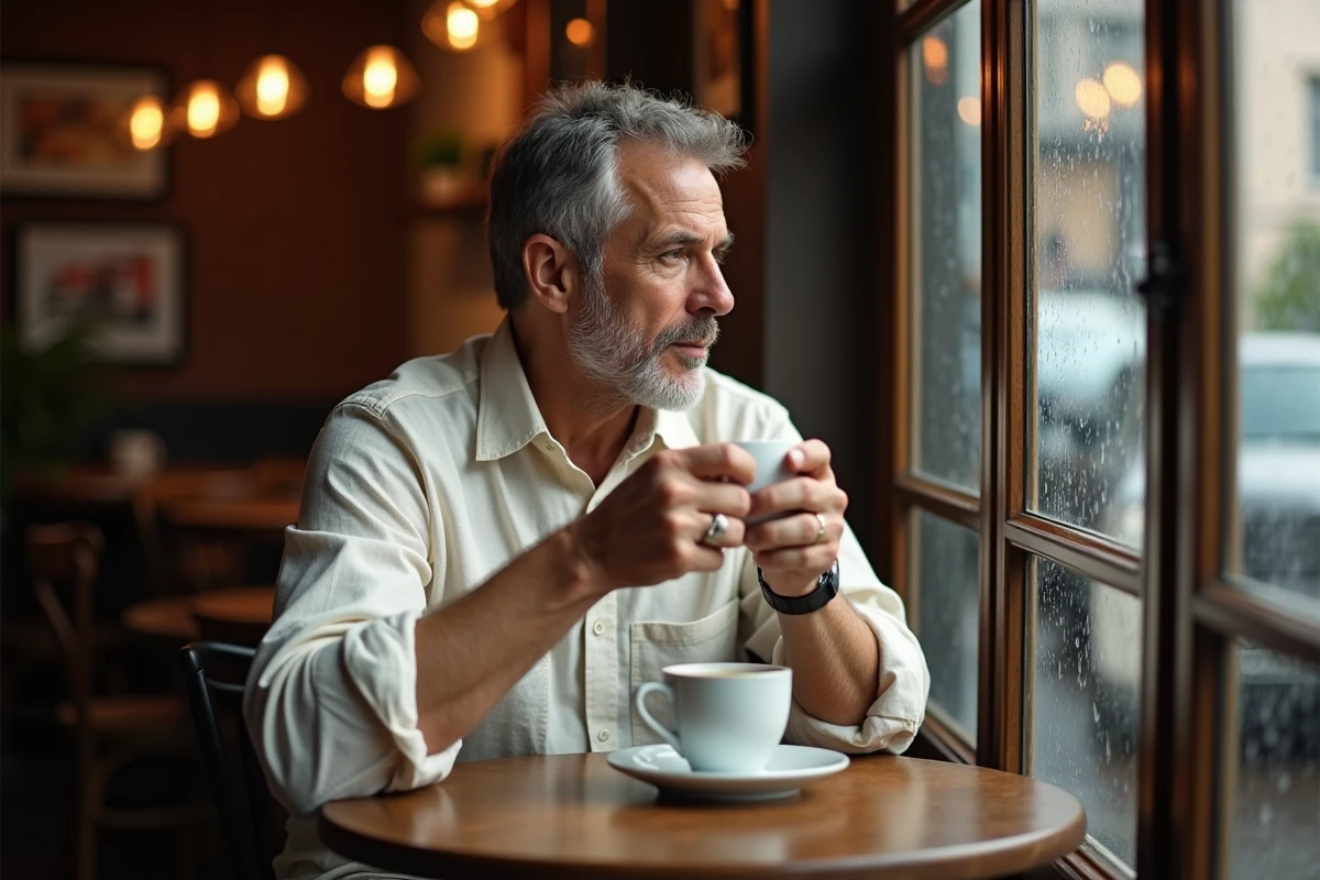 Journaliste connu en moment de pause dans un café parisien, capturant l'intimité et la réflexion d'une personnalité publique hors des caméras