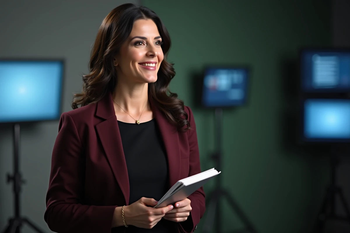 Journaliste française en plateau télévision dans un green room, blazer bordeaux, attitude dynamique et professionnelle