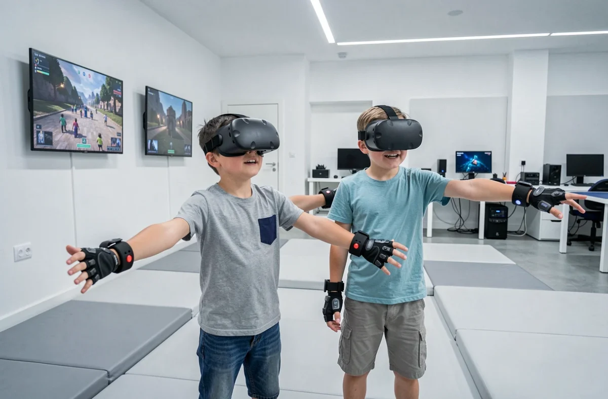 Enfants portant des casques de réalité virtuelle à La Base VR d'Aix-en-Provence lors d'un anniversaire