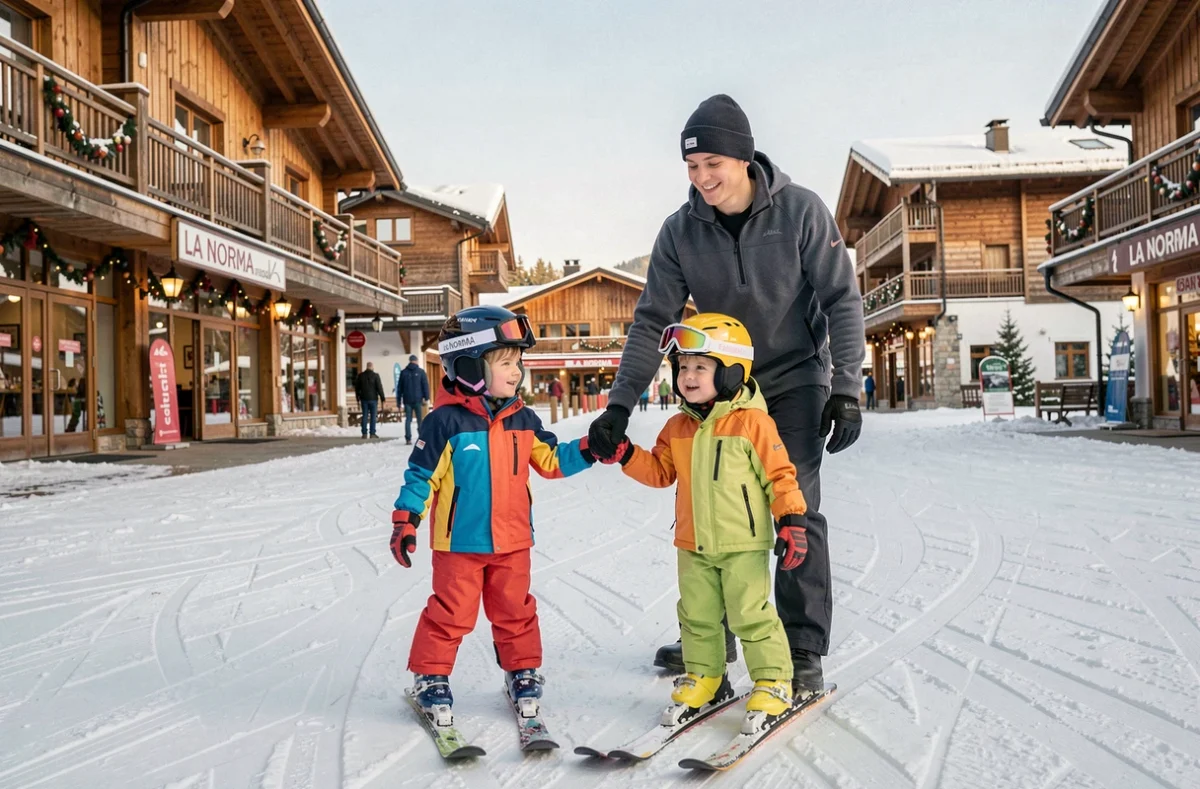 Très jeunes enfants en combinaison de ski prenant leur première leçon sur les pistes piétonnes accessibles de La Norma