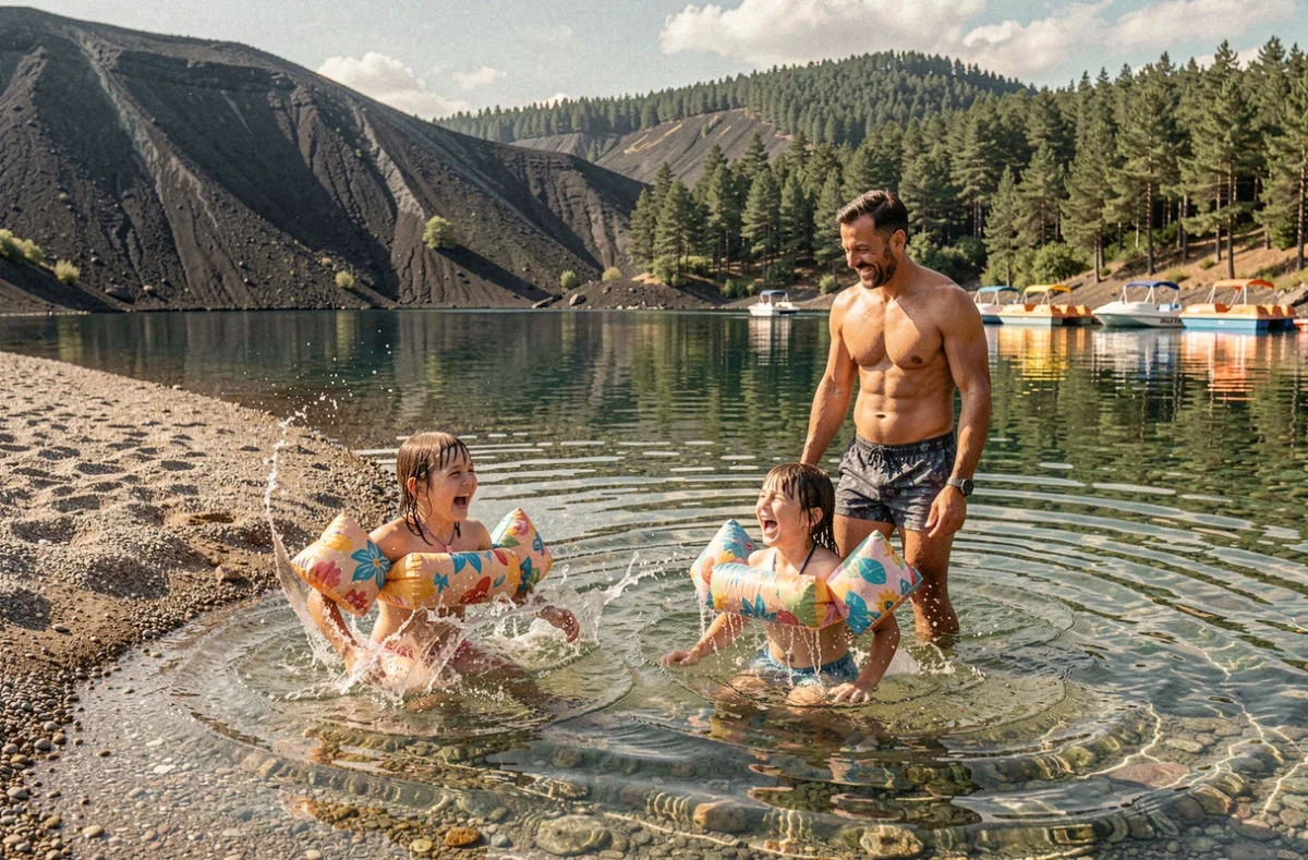 Famille se baignant dans les eaux claires du Lac d'Aydat entouré de forêts volcaniques