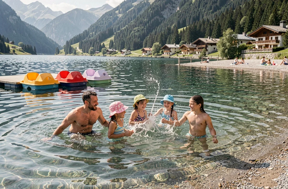 Famille se baignant dans le lac naturel de Les Gets avec les montagnes alpines en arrière-plan