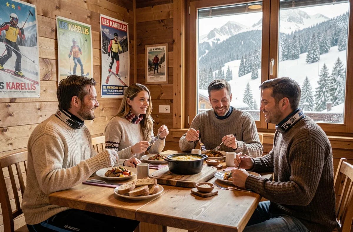 Famille en repas convivial dans un chalet restaurant de la station familiale Les Karellis en Savoie
