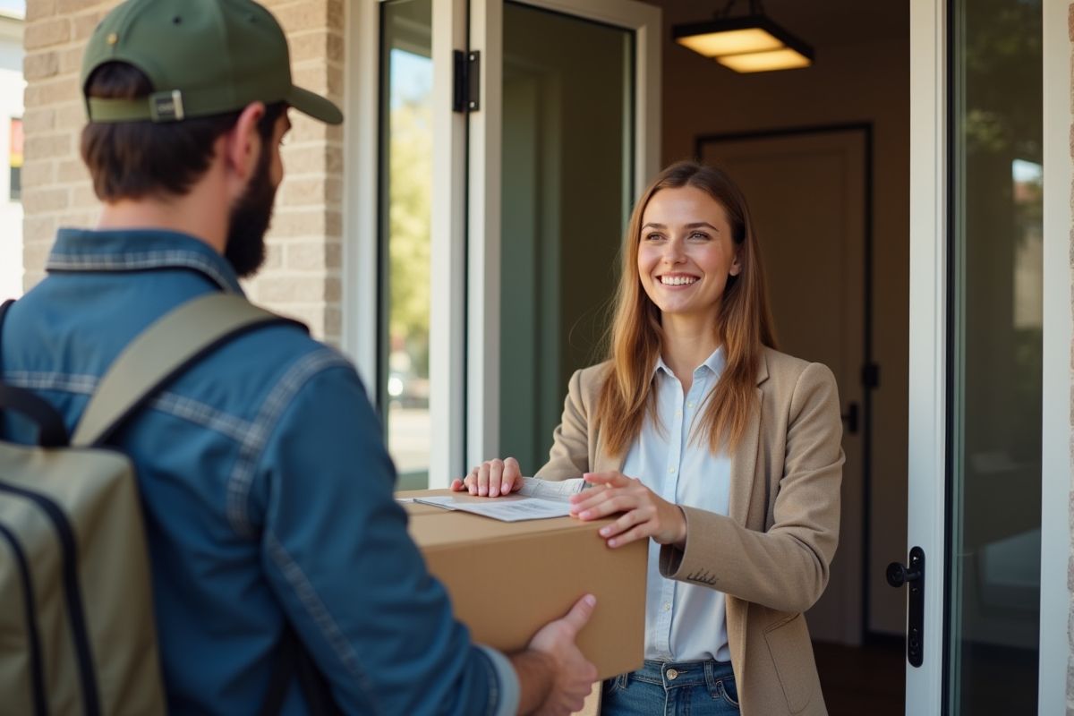 Livraison d'un colis à une femme souriante devant sa porte