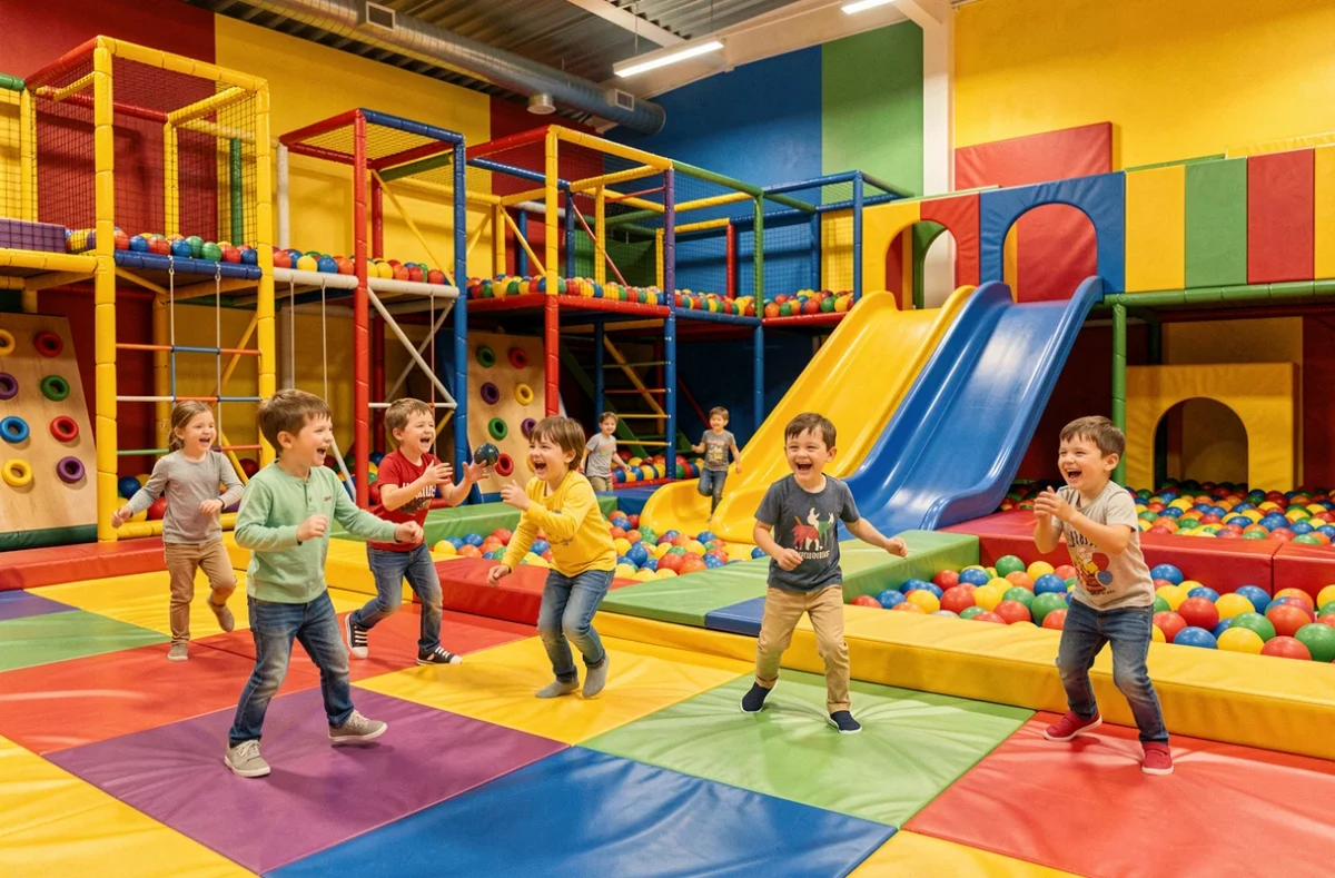 Enfants jouant sur des structures gonflables et parcours d'obstacles colorés à Ludana Parc en Bretagne